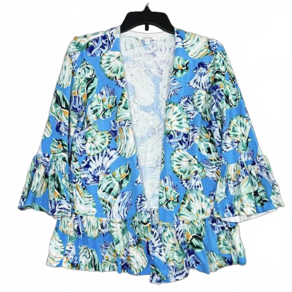 Chico's  Summer Romance Cardigan in a blue medallion-shell print 1X
